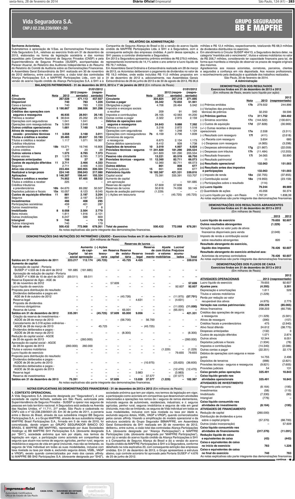 , relativas ao exercício findo em 31 de dezembro de, elaboradas na forma da legislação societária e das normas expedidas pelo Conselho Nacional de Seguros Privados (CNSP) e pela Superintendência de