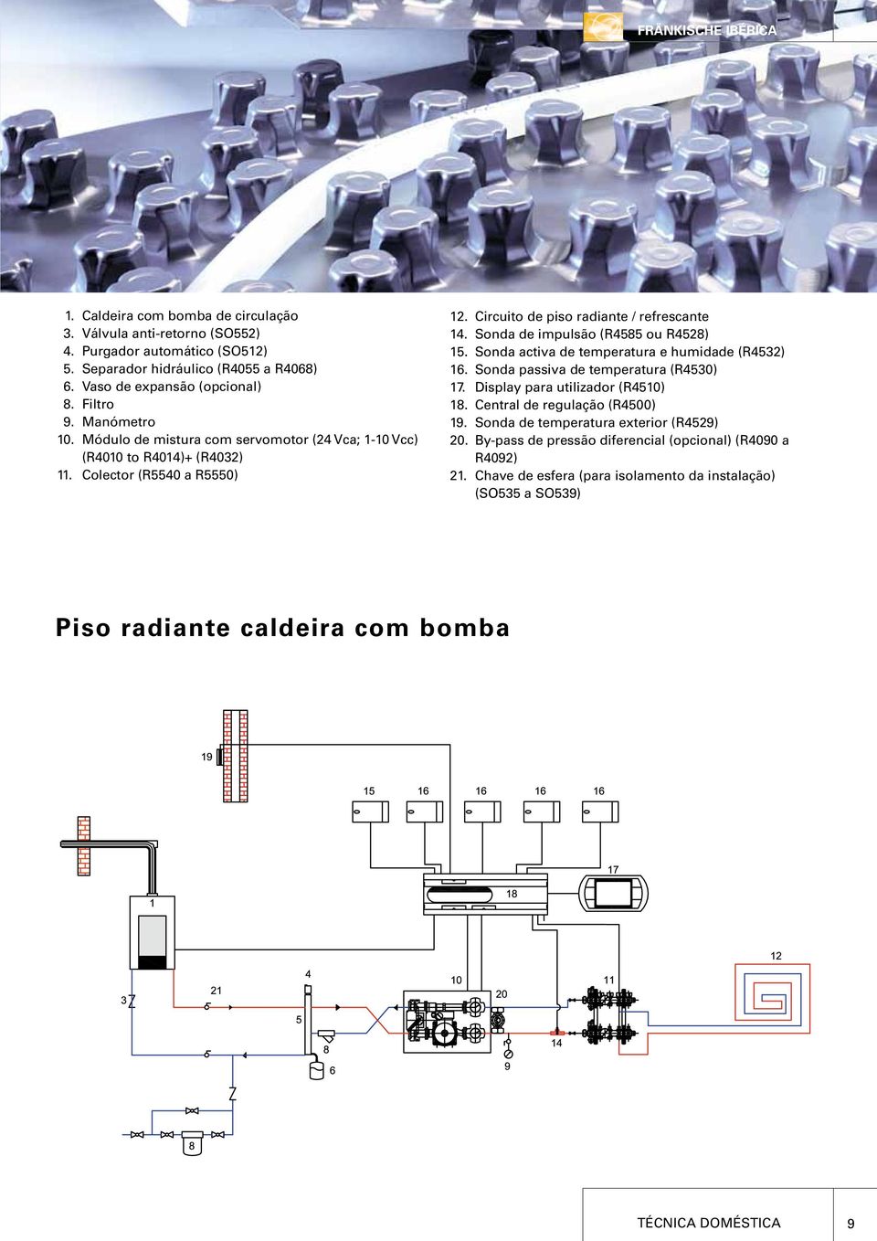 Sonda de impulsão (R4585 ou R4528) 15. Sonda activa de temperatura e humidade (R4532) 16. Sonda passiva de temperatura (R4530) 17. Display para utilizador (R4510) 18.