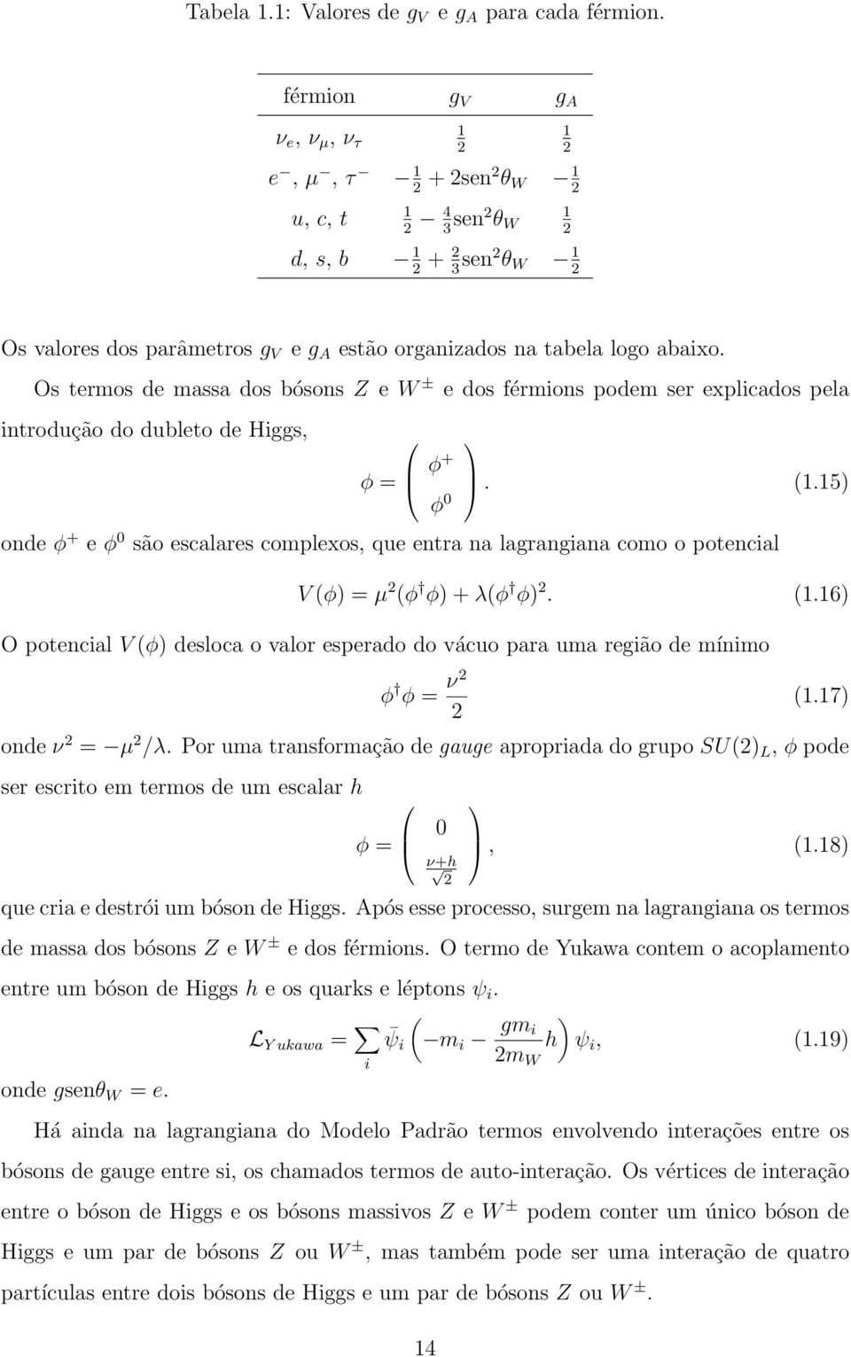 abaixo. Os termos de massa dos bósons Z e W ± e dos férmions podem ser explicados pela introdução do dubleto de Higgs, φ = φ+ φ 0. (1.