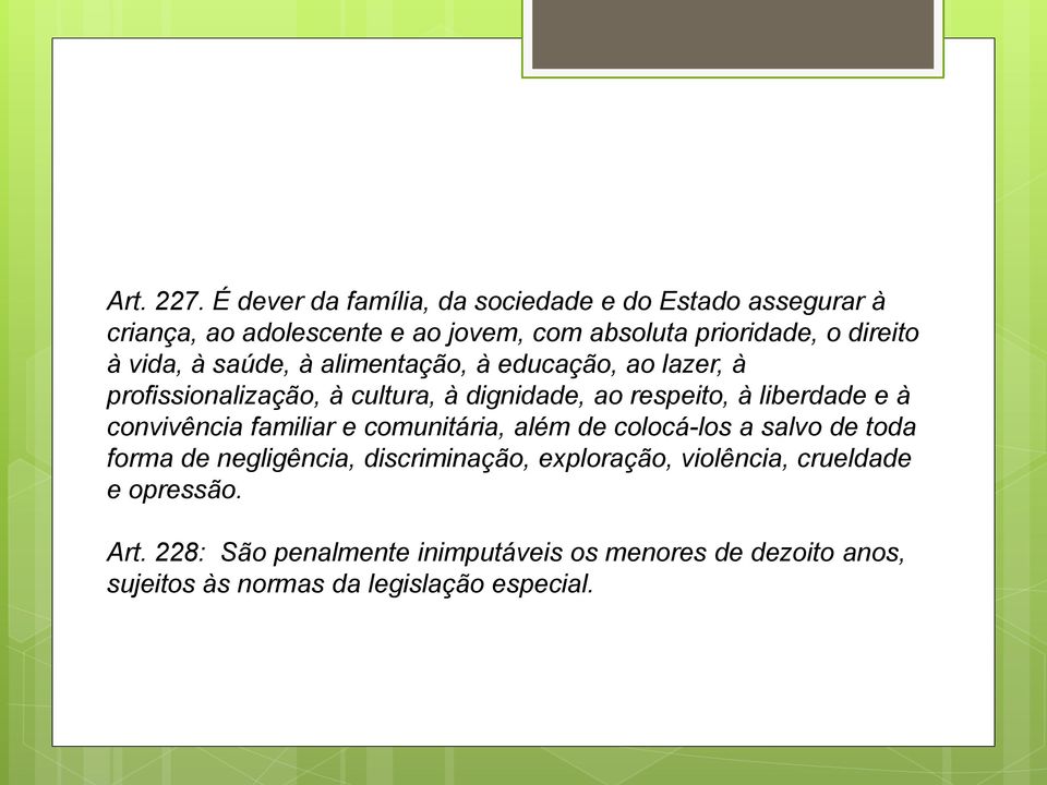 vida, à saúde, à alimentação, à educação, ao lazer, à profissionalização, à cultura, à dignidade, ao respeito, à liberdade e à