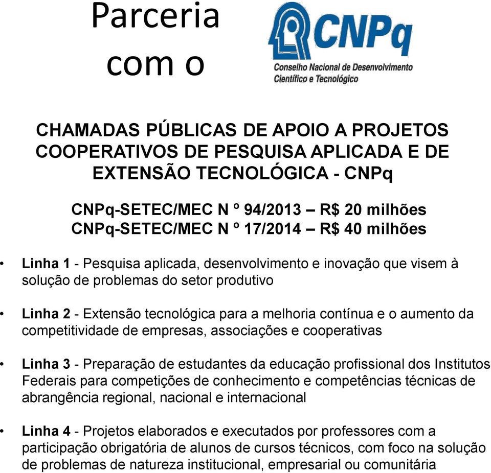 competitividade de empresas, associações e cooperativas Linha 3 - Preparação de estudantes da educação profissional dos Institutos Federais para competições de conhecimento e competências técnicas de