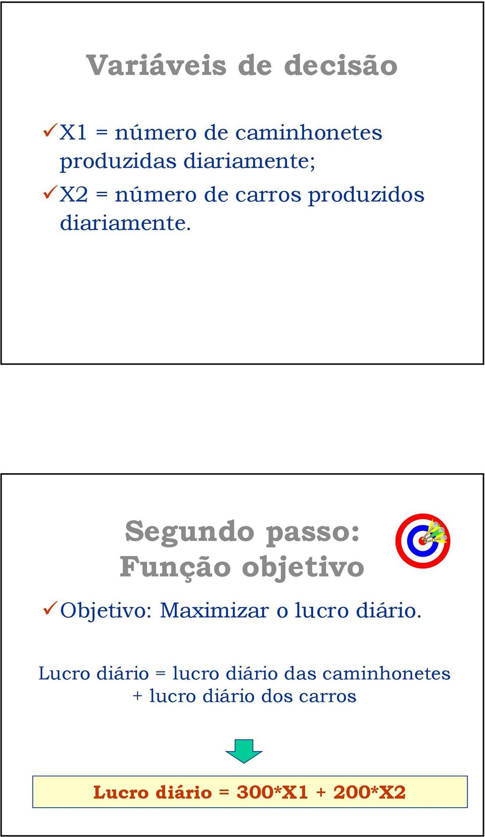 Segundo passo: Função objetivo Objetivo: Maximizar o lucro diário.