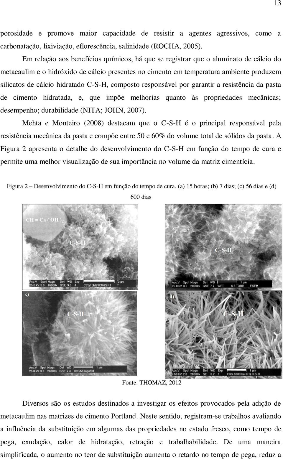 hidratado C-S-H, composto responsável por garantir a resistência da pasta de cimento hidratada, e, que impõe melhorias quanto às propriedades mecânicas; desempenho; durabilidade (NITA; JOHN, 2007).