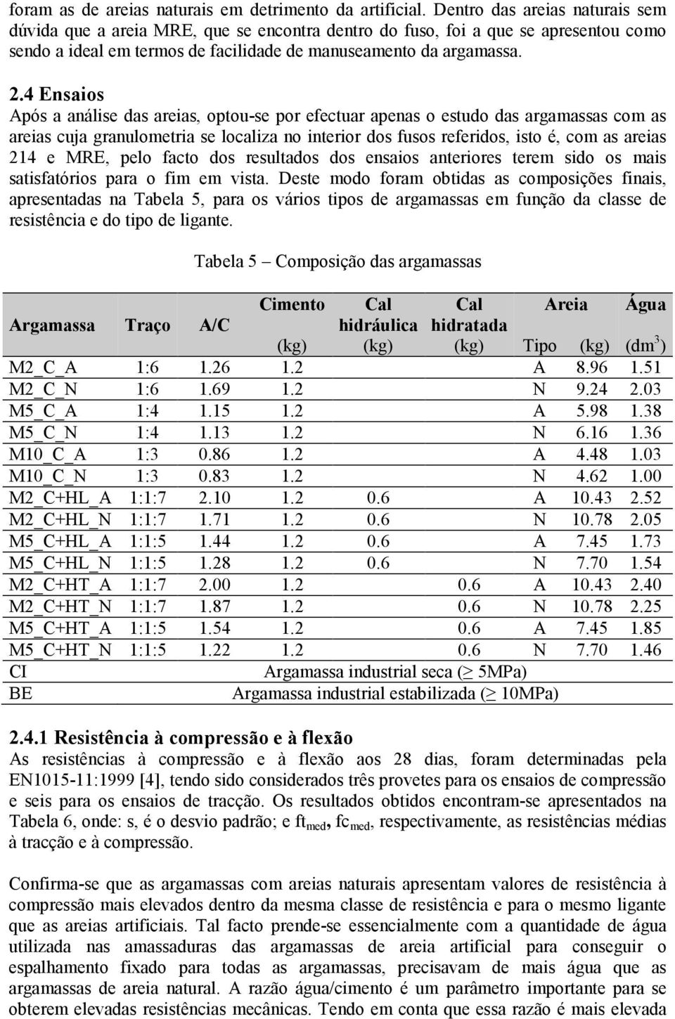 4 Ensaios Após a análise das areias, optou-se por efectuar apenas o estudo das argamassas com as areias cuja granulometria se localiza no interior dos fusos referidos, isto é, com as areias 214 e