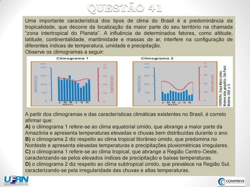 Observe os climogramas a seguir: A partir dos climogramas e das características climáticas existentes no Brasil, é correto afirmar que: A) o climograma 1 refere-se ao clima equatorial úmido, que