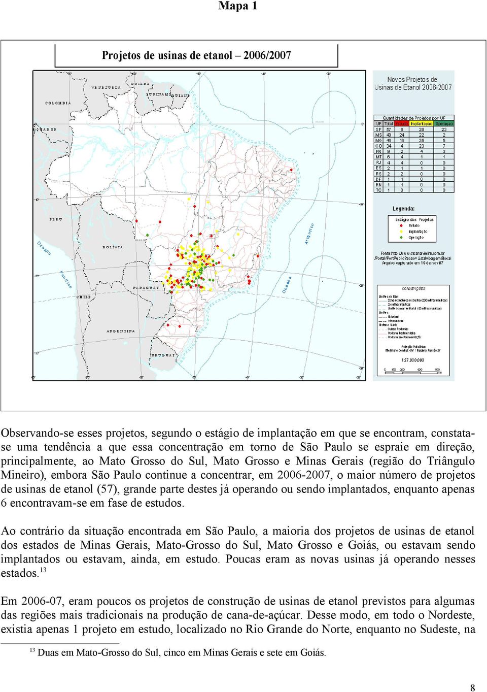 projetos de usinas de etanol (57), grande parte destes já operando ou sendo implantados, enquanto apenas 6 encontravam-se em fase de estudos.