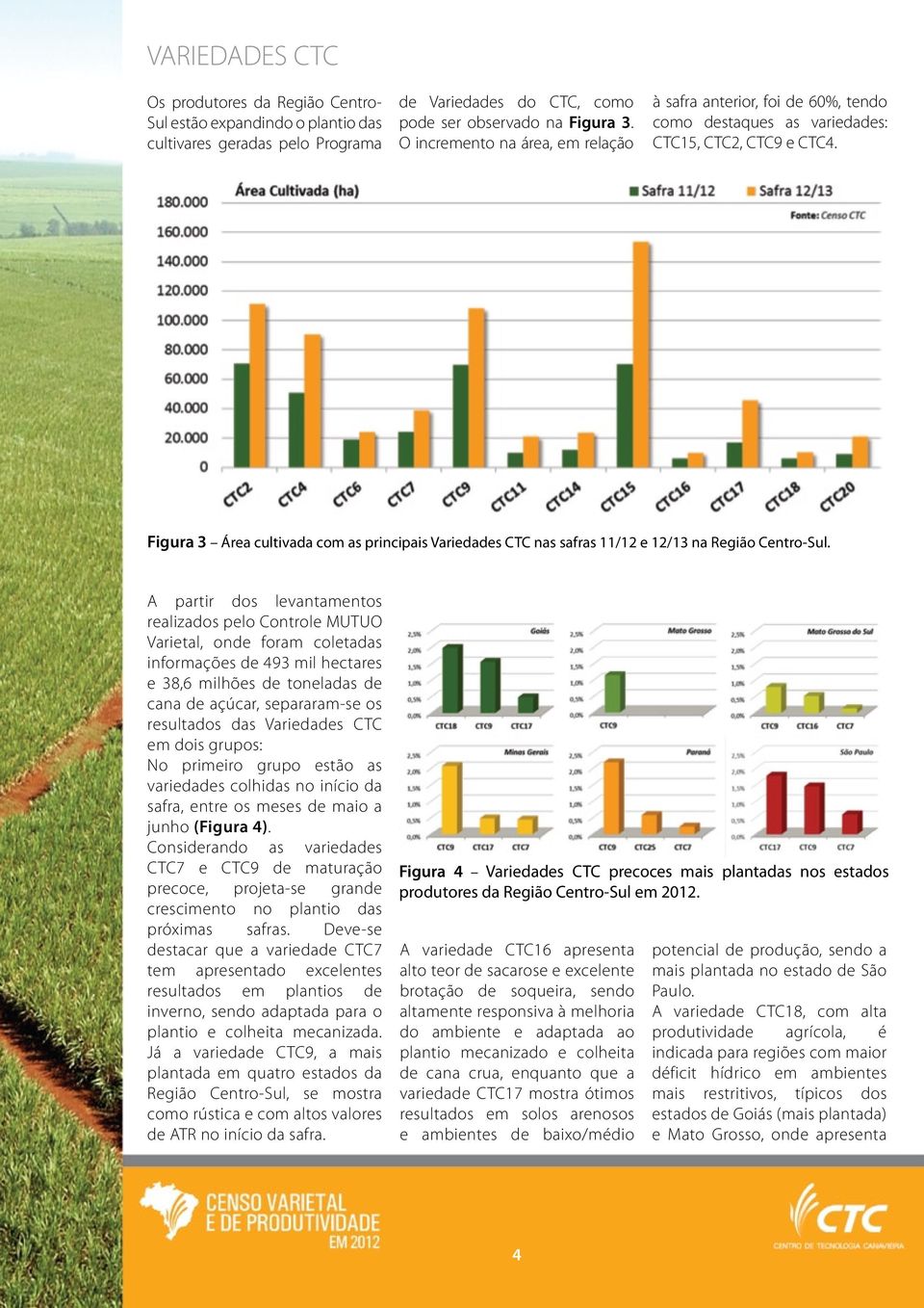 Figura 3 Área cultivada com as principais Variedades CTC nas safras 11/12 e 12/13 na Região Centro-Sul.