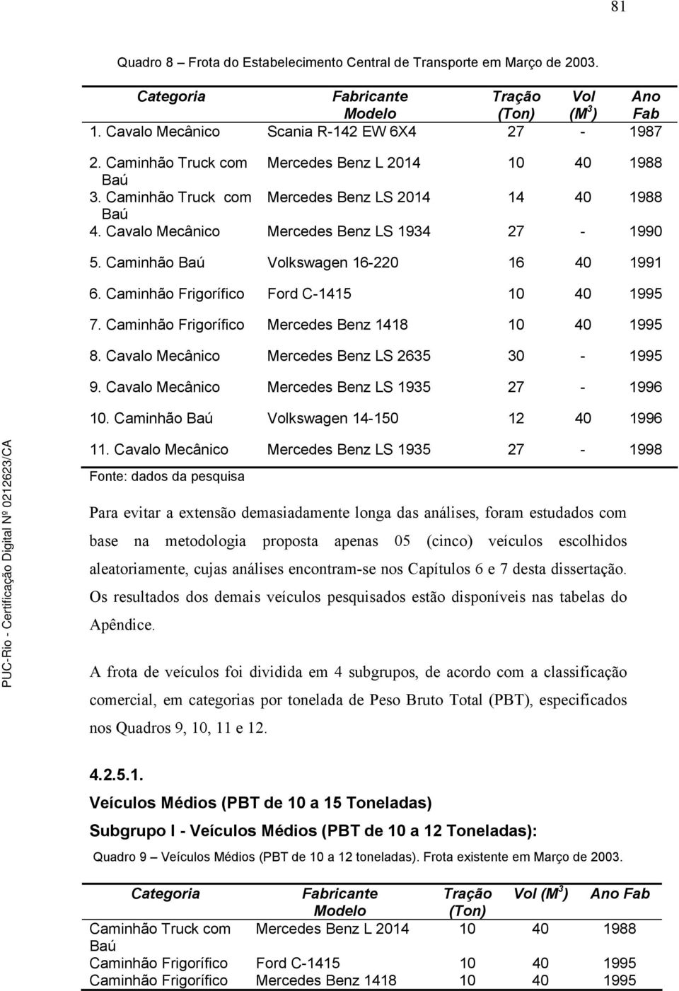 Caminhão Baú Volkswagen 16-220 16 40 1991 6. Caminhão Frigorífico Ford C-1415 10 40 1995 7. Caminhão Frigorífico Mercedes Benz 1418 10 40 1995 8. Cavalo Mecânico Mercedes Benz LS 2635 30-1995 9.