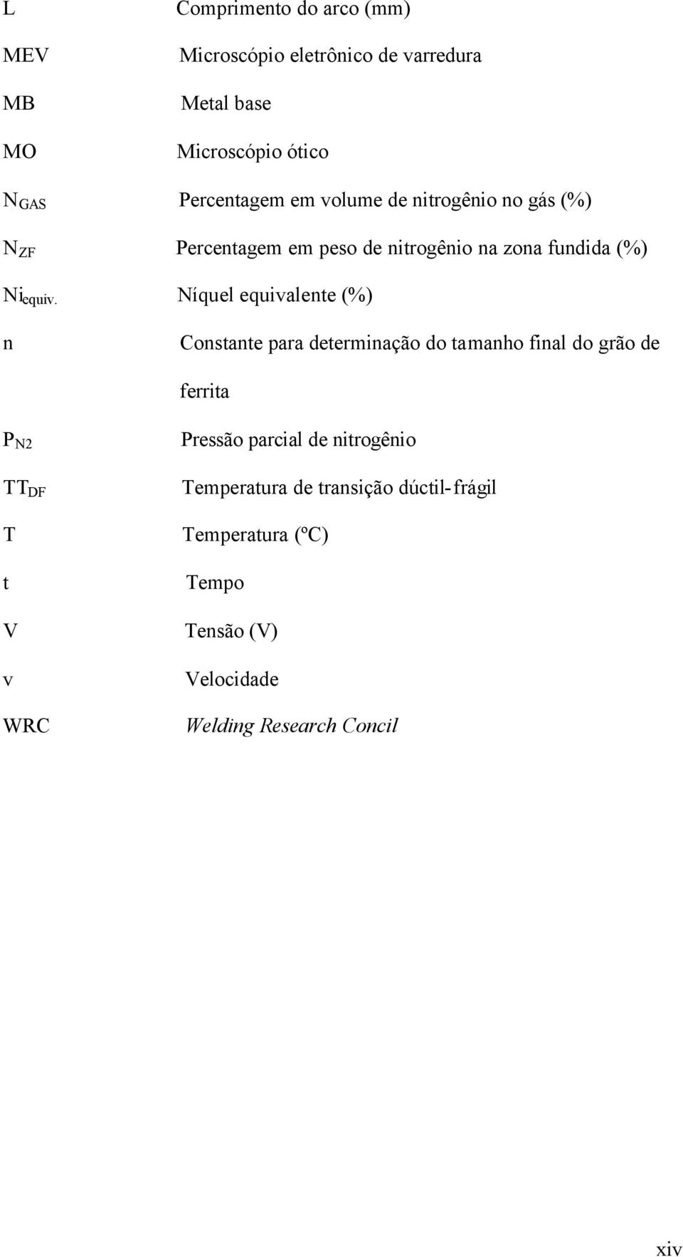 Níquel equivalente (%) n Constante para determinação do tamanho final do grão de ferrita P N2 TT DF T t V v WRC Pressão