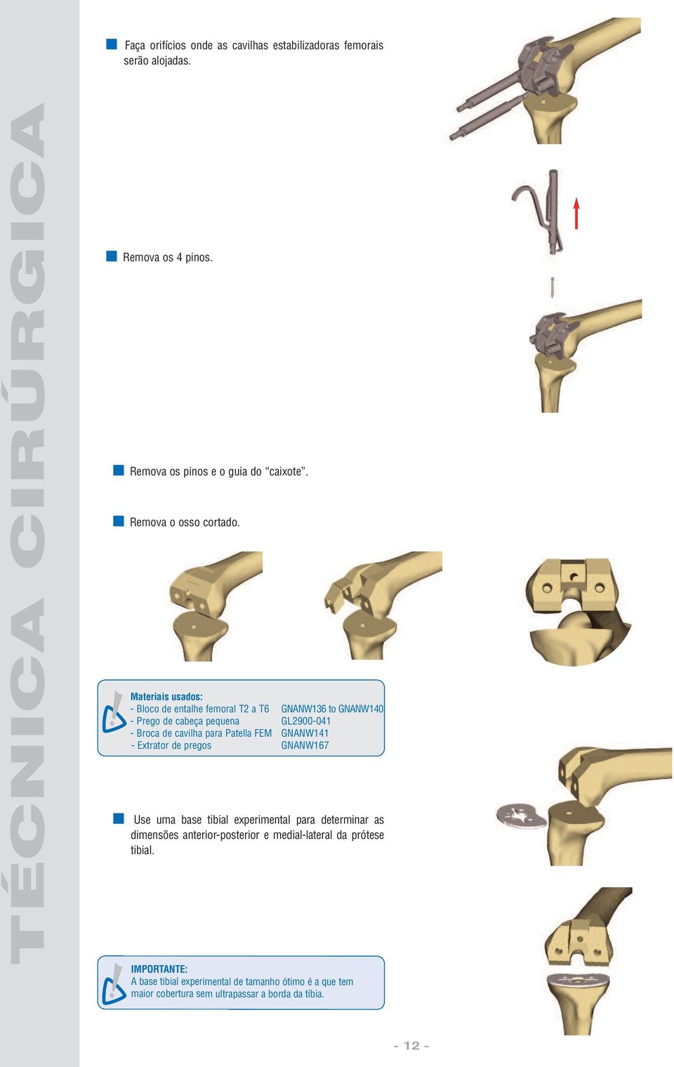 - Bloco de entalhe femoral T2 a T6 GNANW136 to GNANW140 - Broca de cavilha para Patella FEM GNANW141 - Extrator de pregos