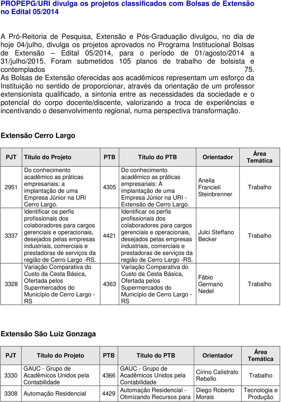 As Bolsas de Extensão oferecidas aos acadêmicos representam um esforço da Instituição no sentido de proporcionar, através da orientação de um professor extensionista qualificado, a sintonia entre as