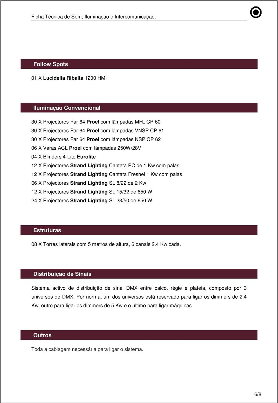 Cantata Fresnel 1 Kw com palas 06 X Projectores Strand Lighting SL 8/22 de 2 Kw 12 X Projectores Strand Lighting SL 15/32 de 650 W 24 X Projectores Strand Lighting SL 23/50 de 650 W Estruturas 08 X