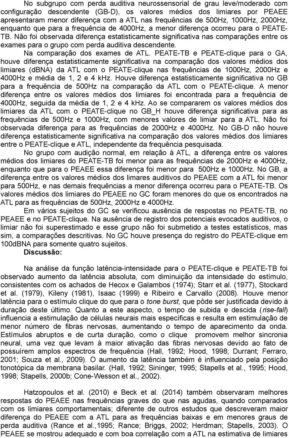 Não foi observada diferença estatisticamente significativa nas comparações entre os exames para o grupo com perda auditiva descendente. Na comparação dos exames de ATL.