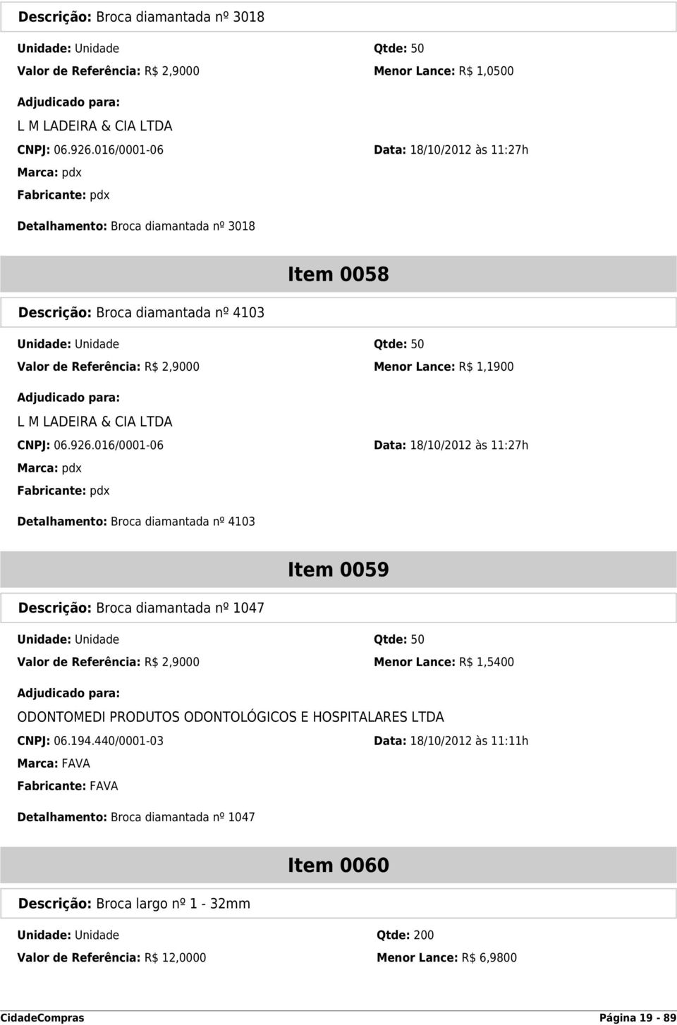 R$ 2,9000 Menor Lance: R$ 1,1900 CNPJ: 06.926.