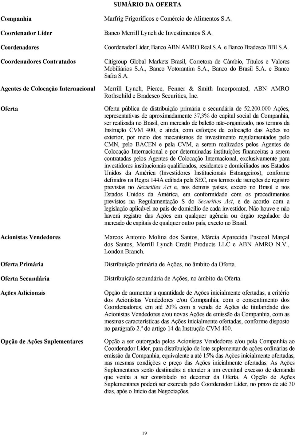 A. Citigroup Global Markets Brasil, Corretora de Câmbio, Títulos e Valores Mobiliários S.A., Banco Votorantim S.A., Banco do Brasil S.A. e Banco Safra S.A. Merrill Lynch, Pierce, Fenner & Smith Incorporated, ABN AMRO Rothschild e Bradesco Securities, Inc.