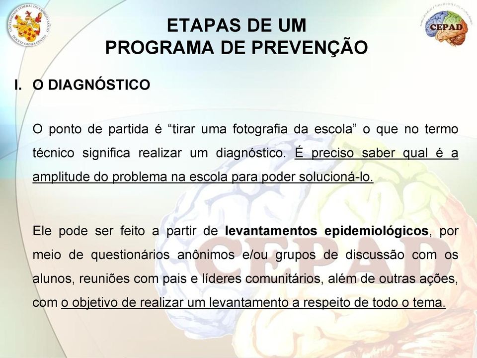 Ele pode ser feito a partir de levantamentos epidemiológicos, por meio de questionários anônimos e/ou grupos de discussão com os