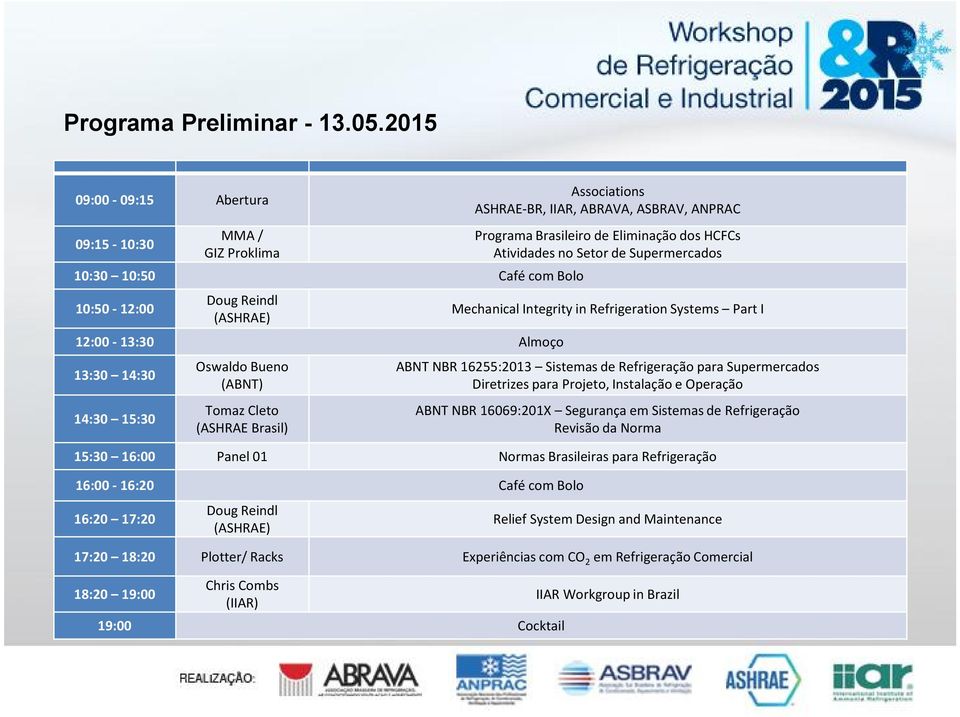 Brasil) Associations ASHRAE-BR, IIAR, ABRAVA, ASBRAV, ANPRAC Programa Brasileiro de Eliminação dos HCFCs Atividades no Setor de Supermercados Mechanical Integrity in Refrigeration Systems Part I ABNT