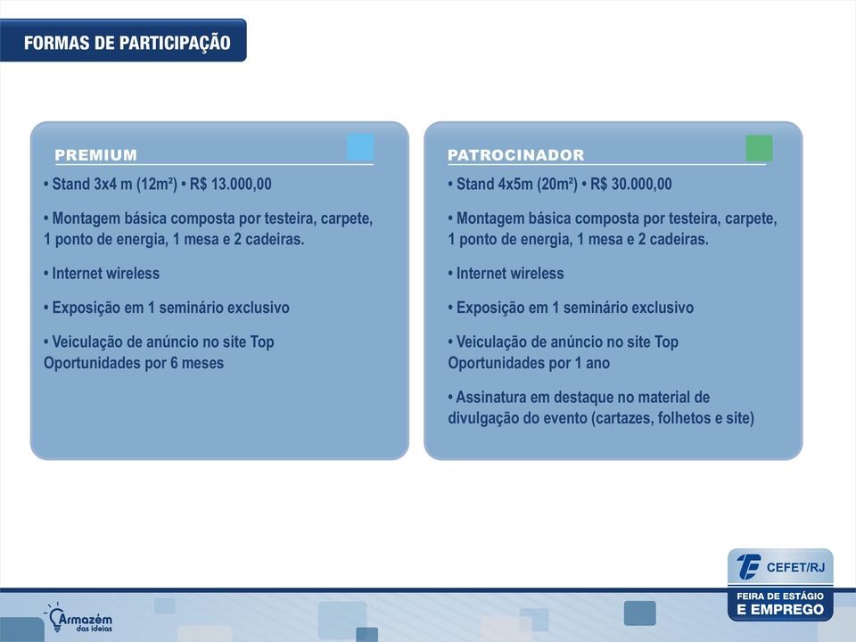 Internet wireless Exposição em 1 seminário exclusivo Veiculação de anúncio no site Top Oportunidades por 6 meses PATROCINADOR Stand 4x5m (20m²) R$