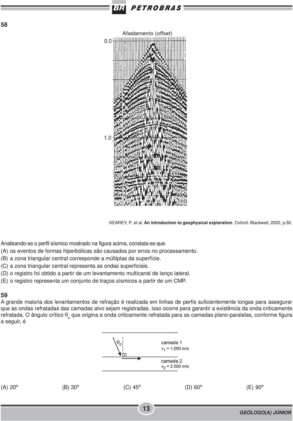 (B) a zona triangular central corresponde a múltiplas da superfície. (C) a zona triangular central representa as ondas superficiais.