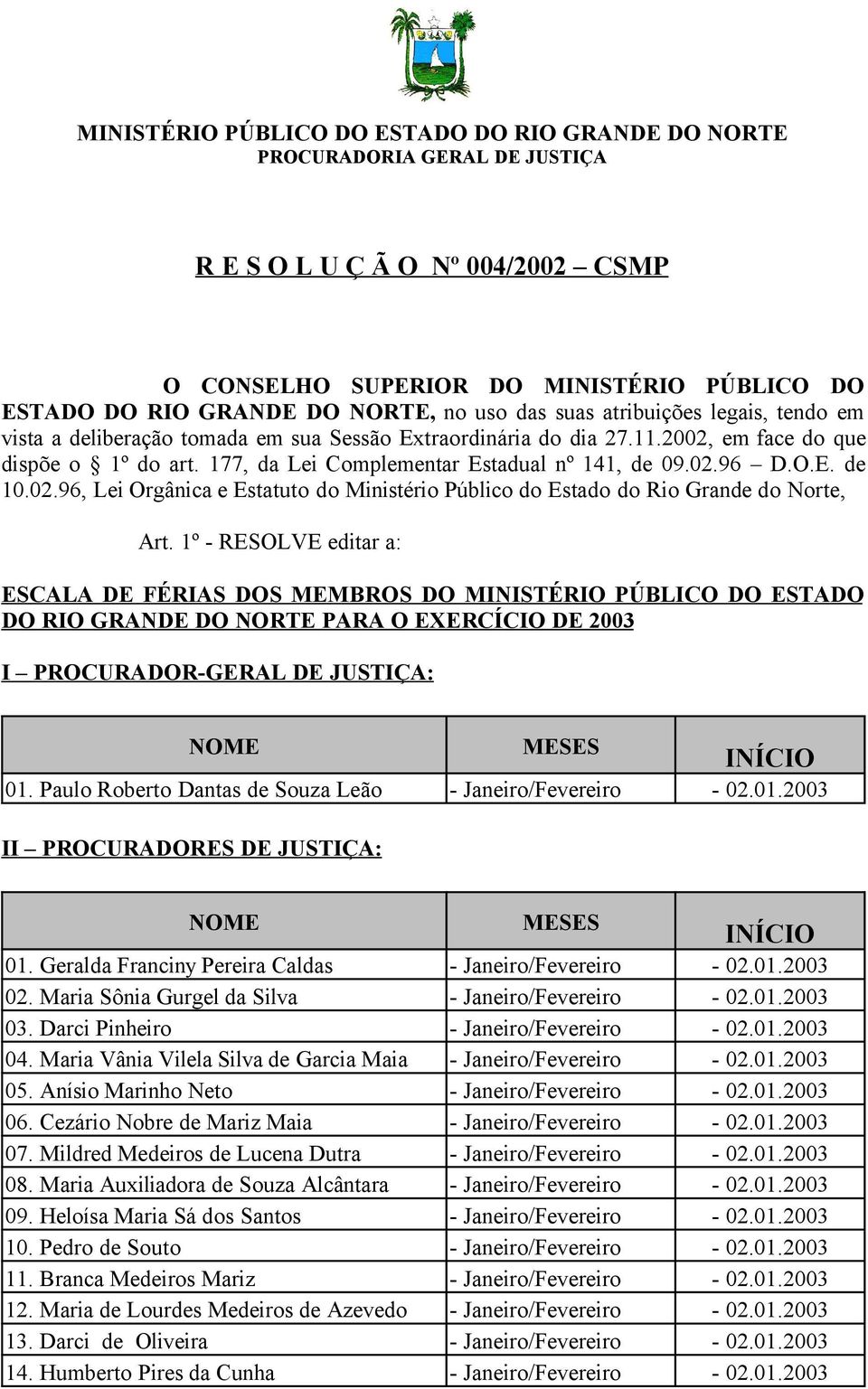 1º - RESOLVE editar a: ESCALA DE FÉRIAS DOS MEMBROS DO MINISTÉRIO PÚBLICO DO ESTADO DO RIO GRANDE DO NORTE PARA O EXERCÍCIO DE 2003 I PROCURADOR-GERAL DE JUSTIÇA: 01.