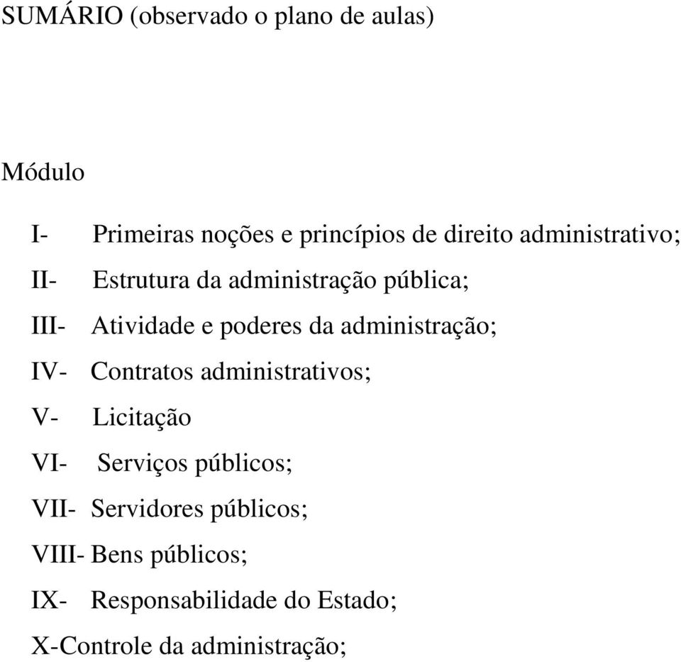 administração; IV- Contratos administrativos; V- Licitação VI- Serviços públicos; VII-
