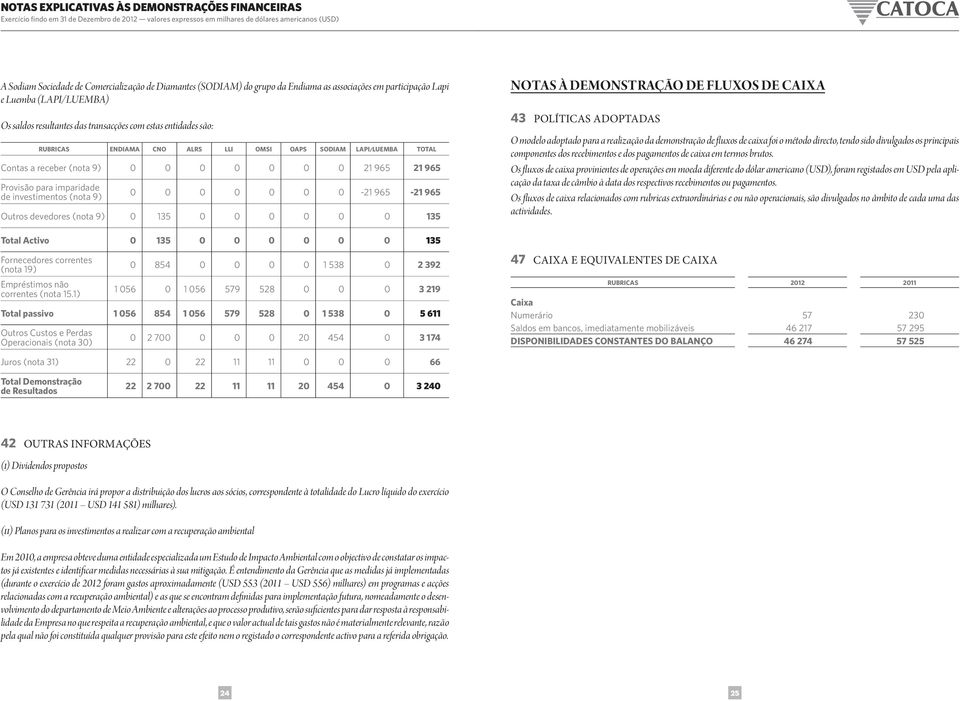 965 Outros devedores (nota 9) 0 135 0 0 0 0 0 0 135 NOTAS À DEMONSTRAÇÃO DE FLUXOS DE CAIX A 43 políticas AdoptAdAs O modelo adoptado para a realização da demonstração de fluxos de caixa foi o método