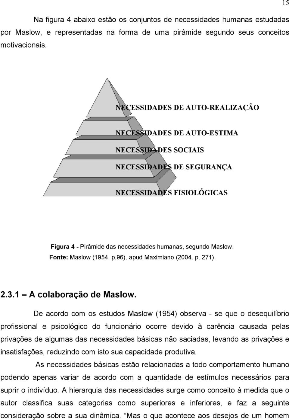 Fonte: Maslow (1954. p.96). apud Maximiano (2004. p. 271). 2.3.1 A colaboração de Maslow.