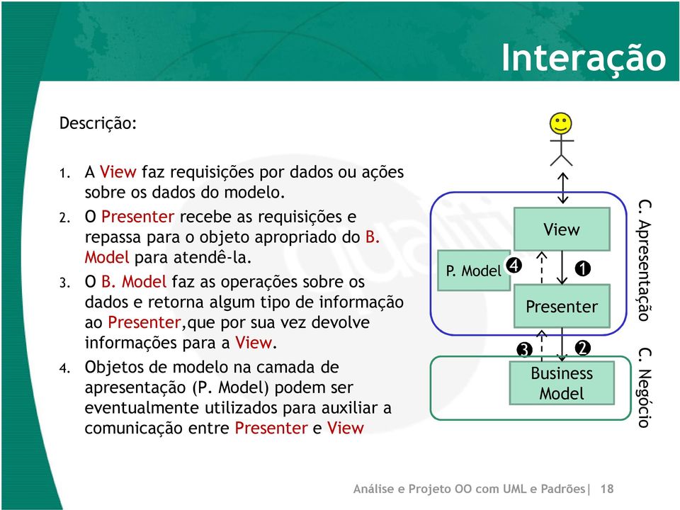 Model faz as operações sobre os dados e retorna algum tipo de informação ao Presenter,que por sua vez devolve informações para a View. 4.