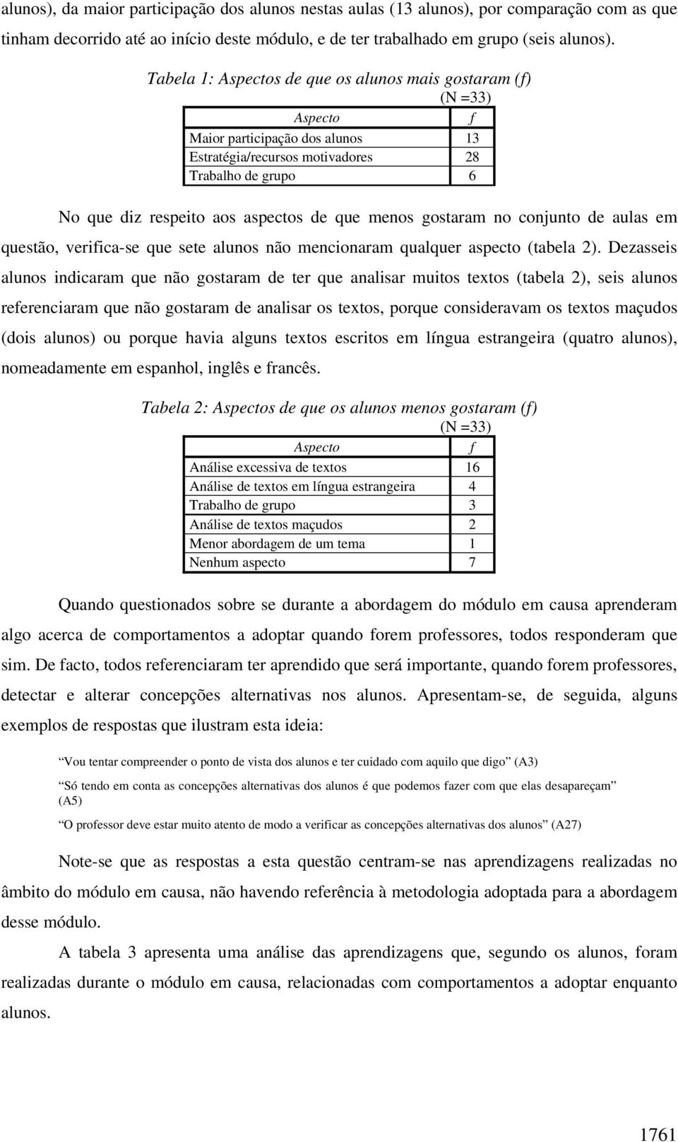 menos gostaram no conjunto de aulas em questão, verifica-se que sete alunos não mencionaram qualquer aspecto (tabela 2).