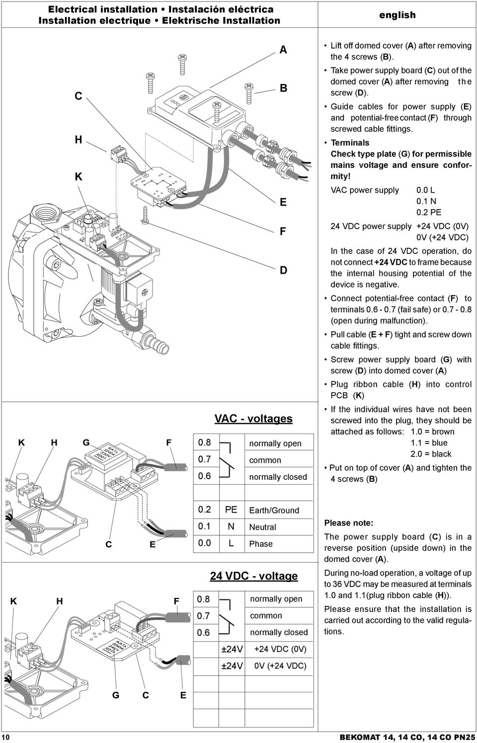 Terminals Check type plate (G) for permissible mains voltage and ensure conformity! VAC power supply 0.0 L 0.1 N 0.2 PE 1.0 1.1 2.