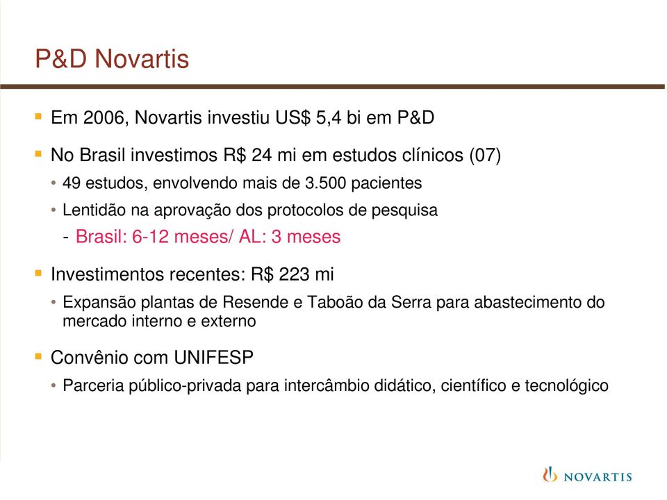 500 pacientes Lentidão na aprovação dos protocolos de pesquisa - Brasil: 6-12 meses/ AL: 3 meses Investimentos