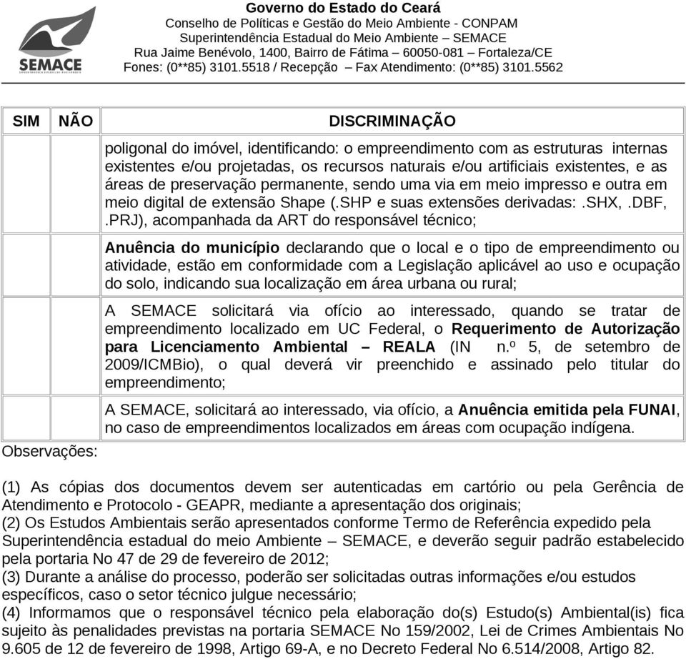 prj), acompanhada da ART do responsável técnico; Anuência do município declarando que o local e o tipo de empreendimento ou atividade, estão em conformidade com a Legislação aplicável ao uso e