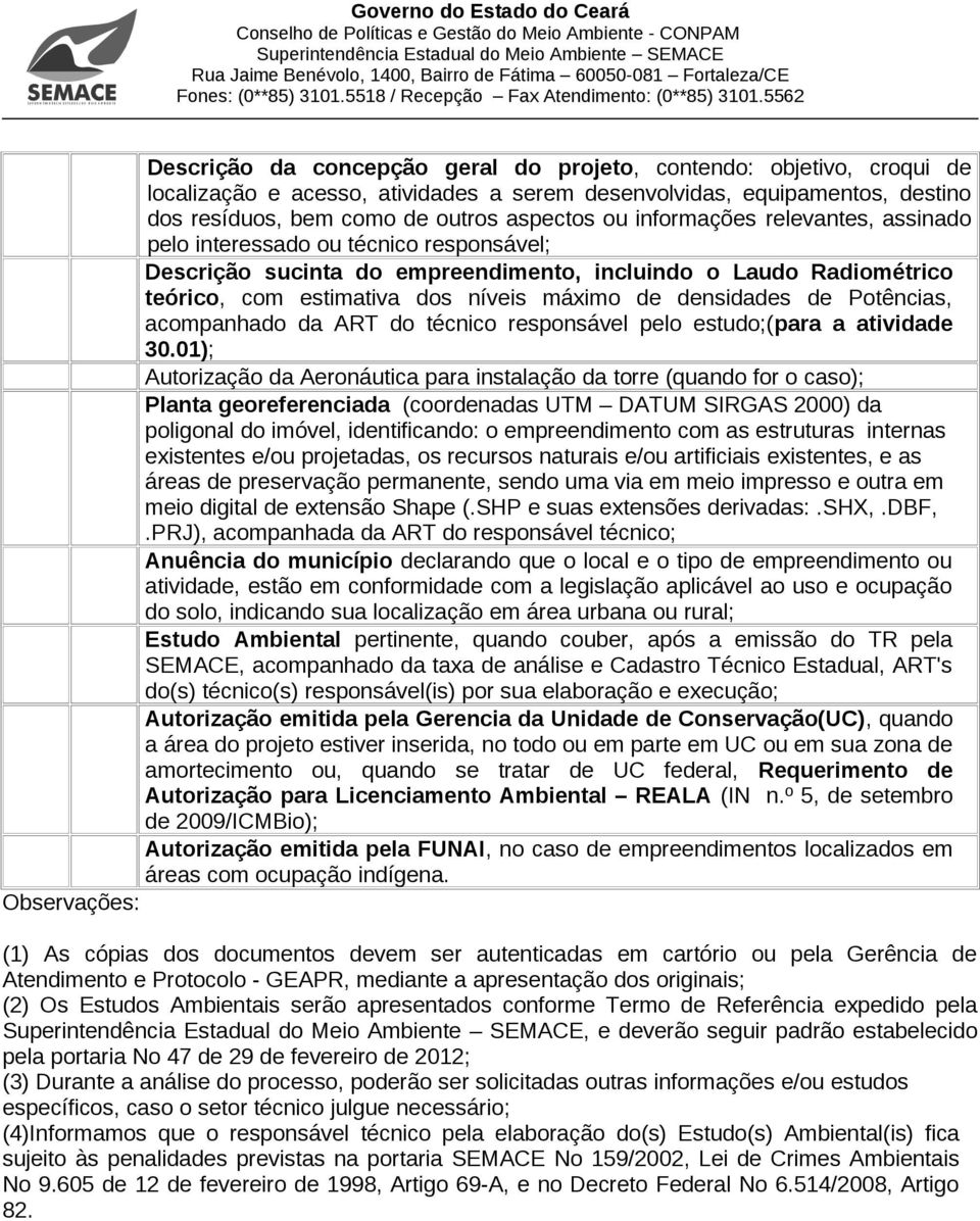 de Potências, acompanhado da ART do técnico responsável pelo estudo;(para a atividade 30.