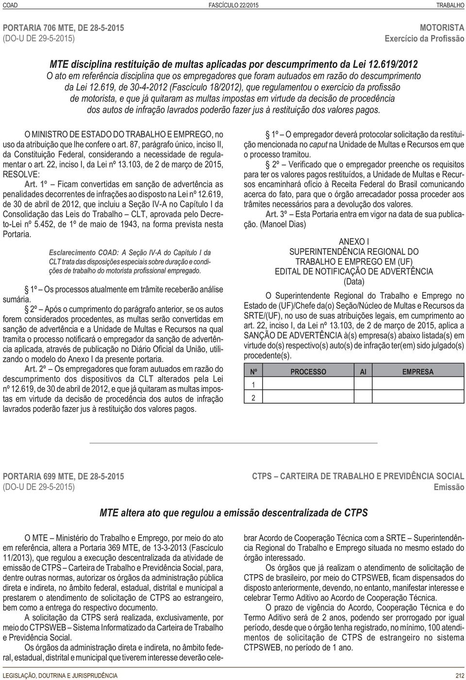 619, de 30-4-2012 (Fascículo 18/2012), que regulamentou o exercício da profissão de motorista, e que já quitaram as multas impostas em virtude da decisão de procedência dos autos de infração lavrados