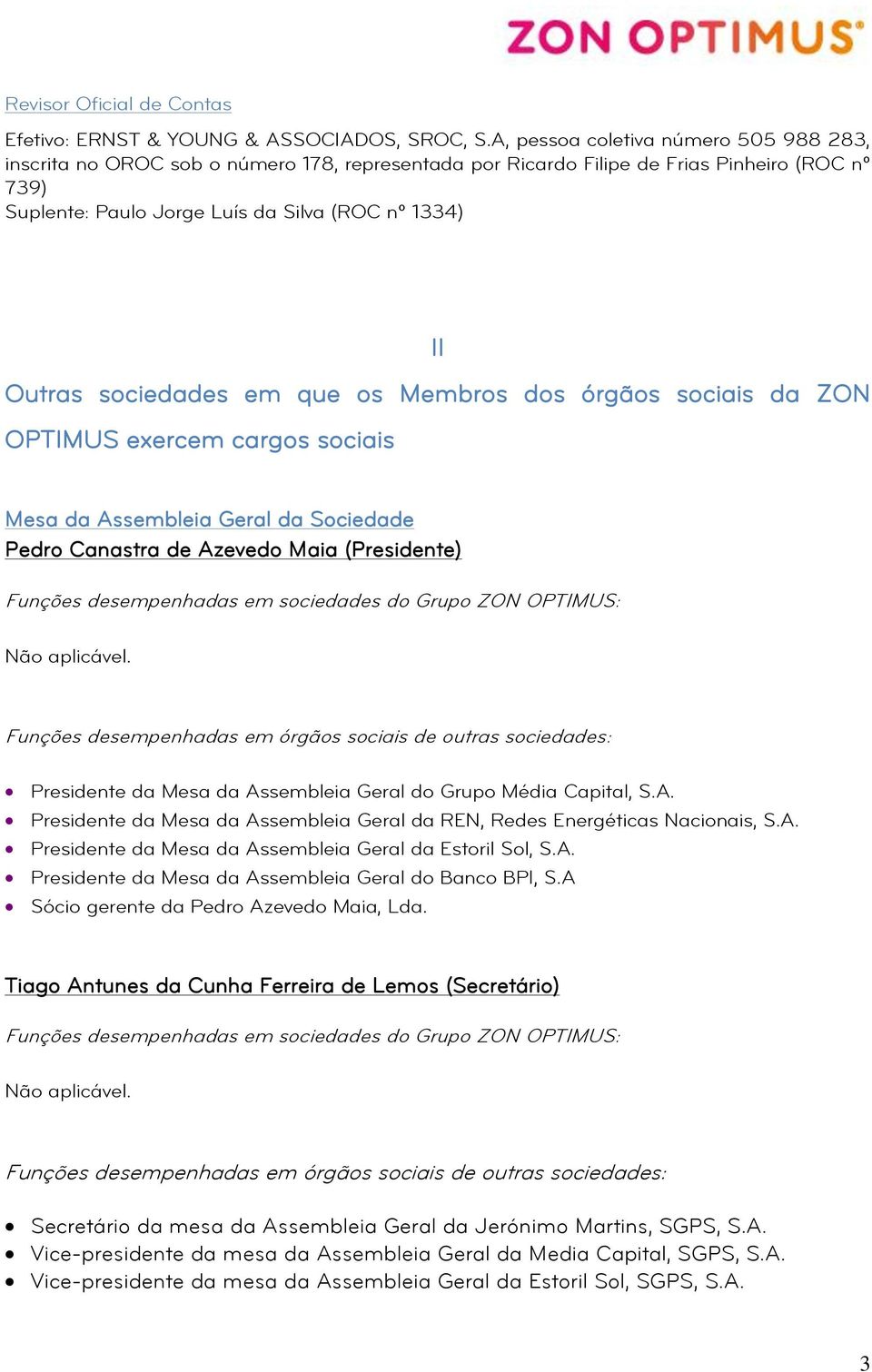 sociedades em que os Membros dos órgãos sociais da ZON OPTIMUS exercem cargos sociais Mesa da Assembleia Geral da Sociedade Pedro Canastra de Azevedo Maia (Presidente) Presidente da Mesa da