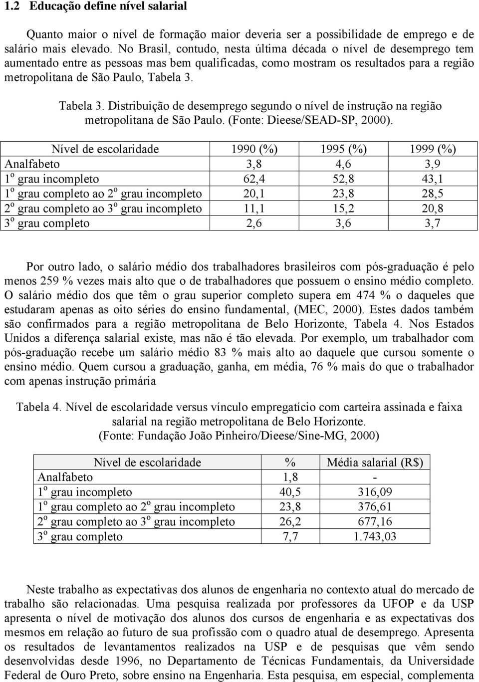 Tabela 3. Distribuição de desemprego segundo o nível de instrução na região metropolitana de São Paulo. (Fonte: Dieese/SEAD-SP, 2000).