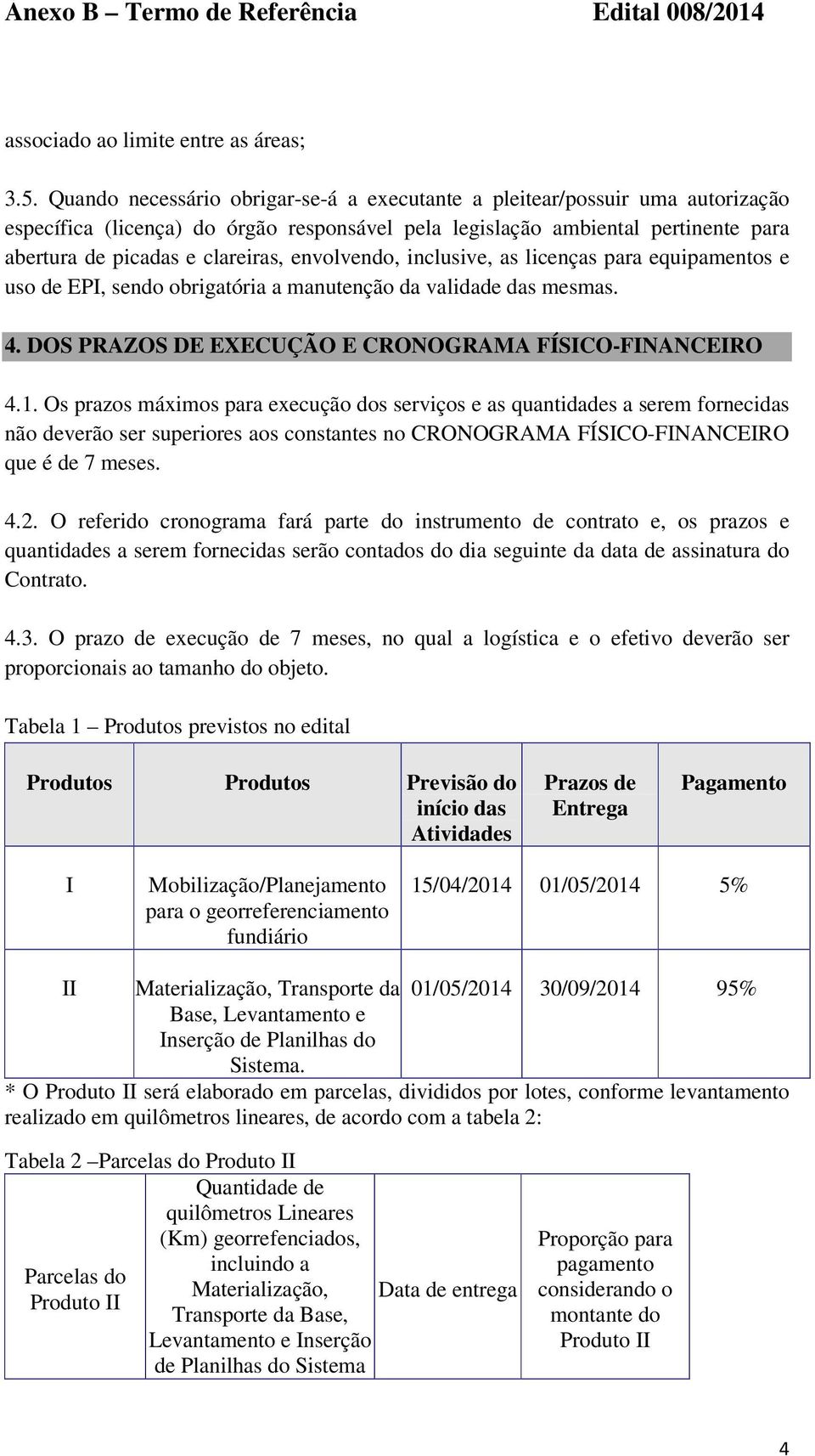 envolvendo, inclusive, as licenças para equipamentos e uso de EPI, sendo obrigatória a manutenção da validade das mesmas. 4. DOS PRAZOS DE EXECUÇÃO E CRONOGRAMA FÍSICO-FINANCEIRO 4.1.