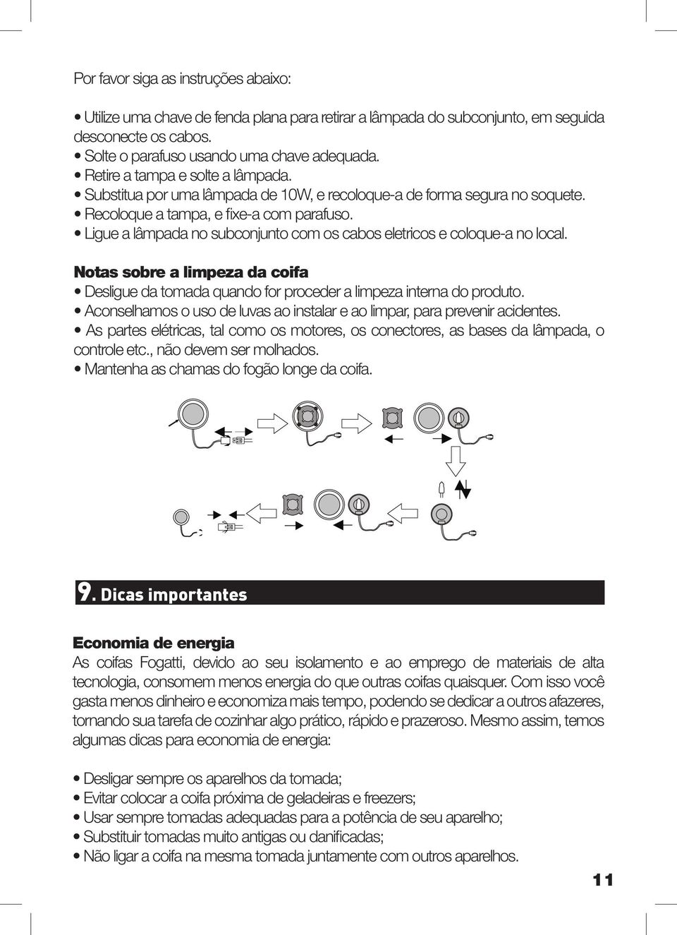 Ligue a lâmpada no subconjunto com os cabos eletricos e coloque-a no local. Notas sobre a limpeza da coifa Desligue da tomada quando for proceder a limpeza interna do produto.