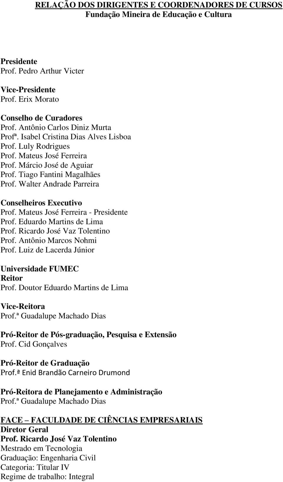 Walter Andrade Parreira Conselheiros Executivo Prof. Mateus José Ferreira - Presidente Prof. Eduardo Martins de Lima Prof. Ricardo José Vaz Tolentino Prof. Antônio Marcos Nohmi Prof.