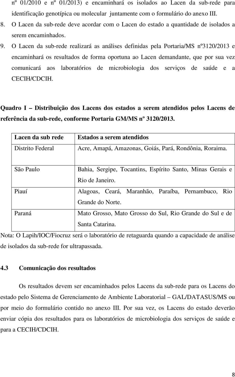 O Lacen da sub-rede realizará as análises definidas pela Portaria/MS nº3120/2013 e encaminhará os resultados de forma oportuna ao Lacen demandante, que por sua vez comunicará aos laboratórios de