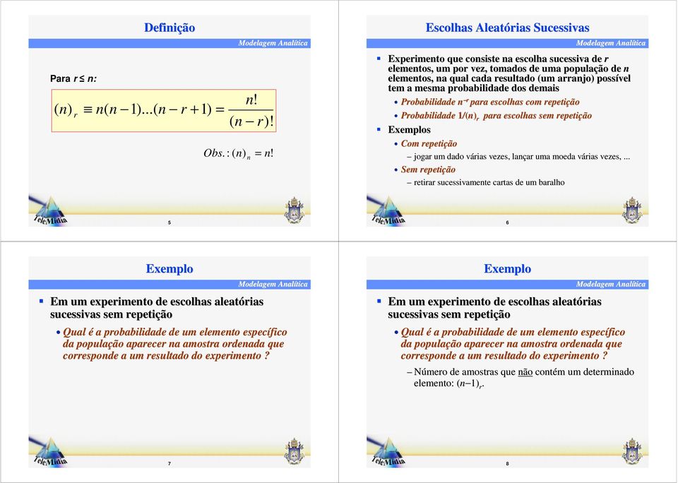 a mesma pobabilidade dos demais Pobabilidade paa escolhas com epetição Pobabilidade /) paa escolhas sem epetição s Com epetição joga um dado váias v vezes, laça a uma moeda váias v vezes,.