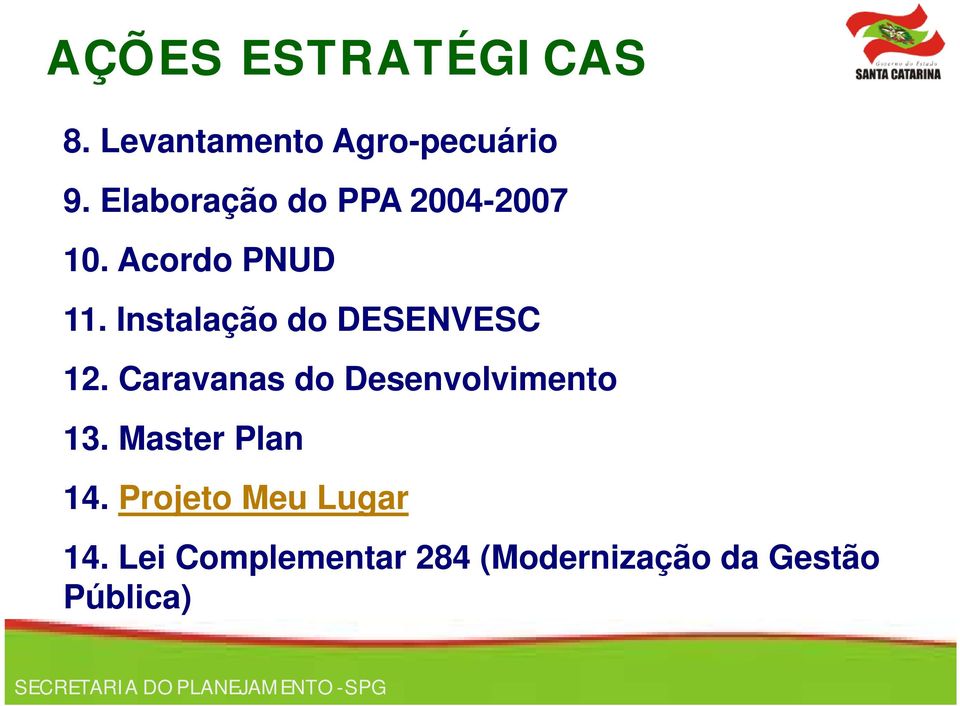 Instalação do DESENVESC 12. Caravanas do Desenvolvimento 13.