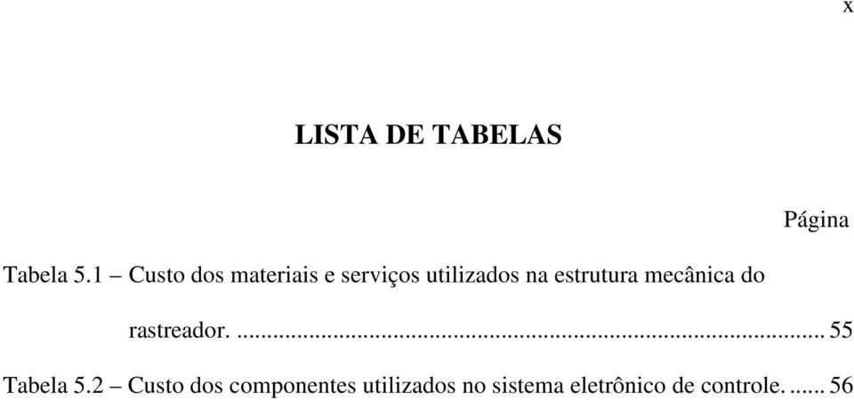 estrutura mecânica do rastreador.... 55 Tabela 5.