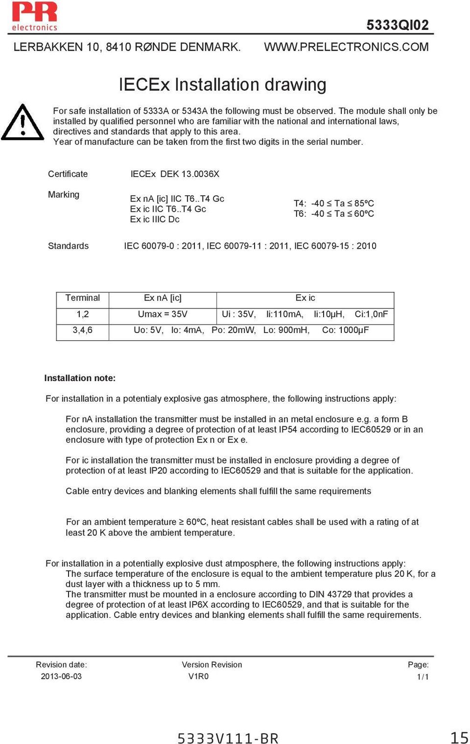 Year of manufacture can be taken from the first two digits in the serial number. Certificate IECEx DEK 13.0036X Marking Ex na [ic] IIC T6..T4 Gc Ex ic IIC T6.