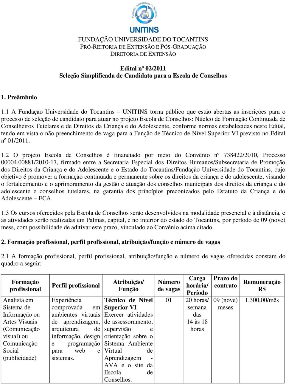 Continuada de Conselheiros Tutelares e de Direitos da Criança e do Adolescente, conforme normas estabelecidas neste Edital, tendo em vista o não preenchimento de vaga para a Função de Técnico de