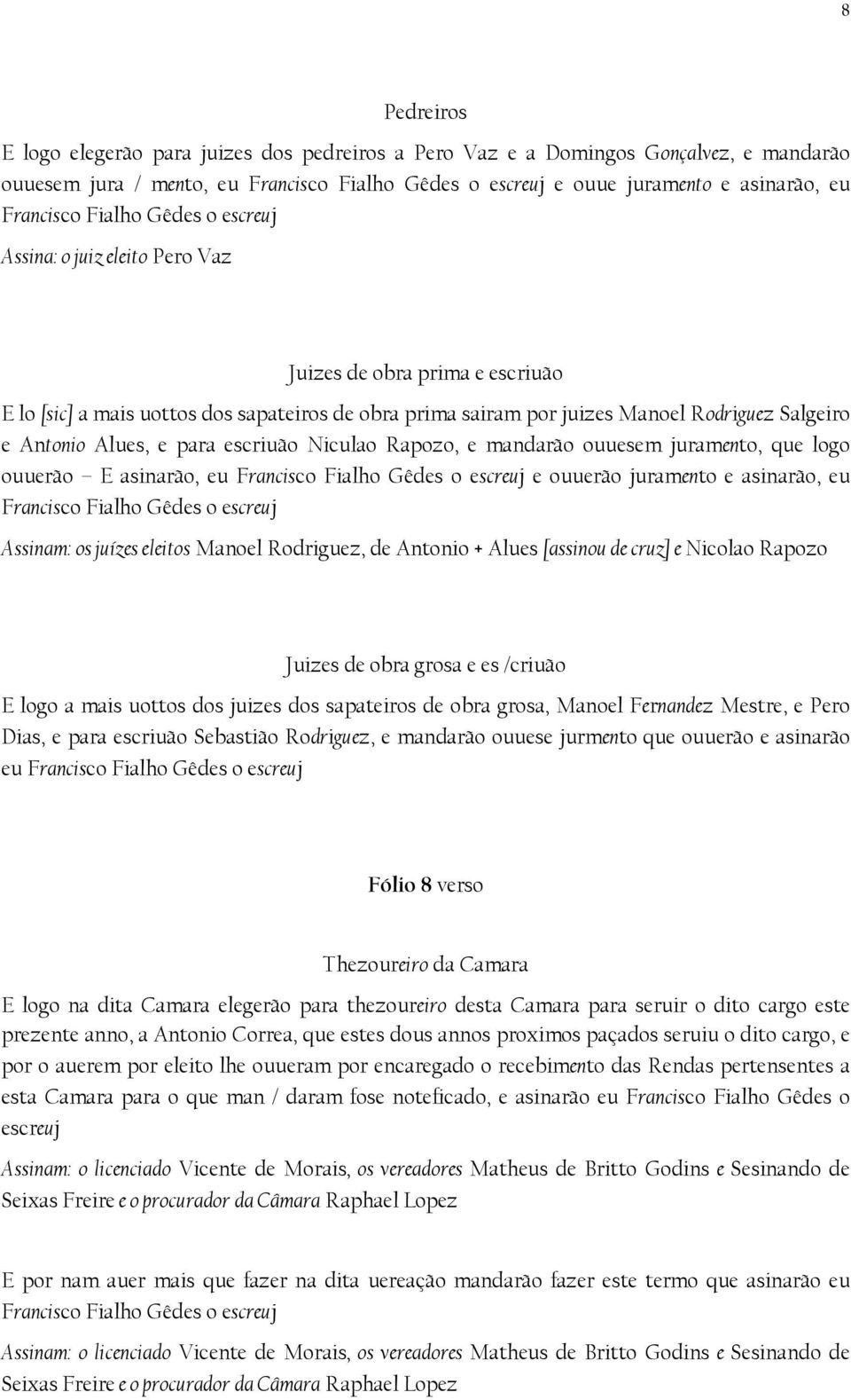 que logo ouuerão E asinarão, eu e ouuerão juramento e asinarão, eu Assinam: os juízes eleitos Manoel Rodriguez, de Antonio + Alues [assinou de cruz] e Nicolao Rapozo Juizes de obra grosa e es /criuão