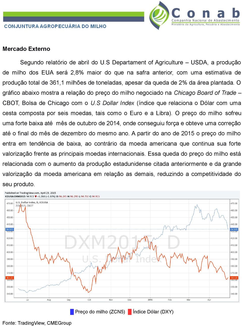 área plantada. O gráfico abaixo mostra a relação do preço do milho negociado na Chicago Board of Trade CBOT, Bolsa de Chicago com o U.