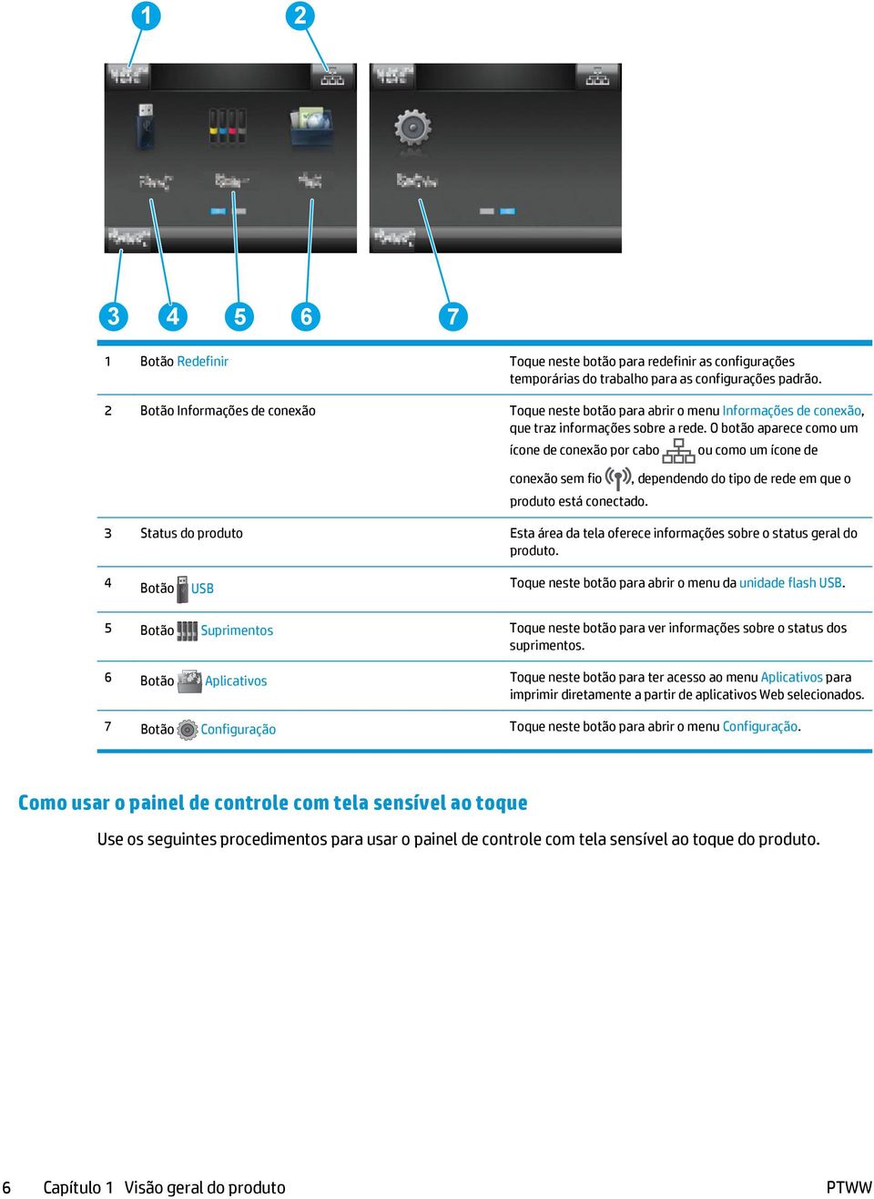 O botão aparece como um ícone de conexão por cabo ou como um ícone de conexão sem fio, dependendo do tipo de rede em que o produto está conectado.