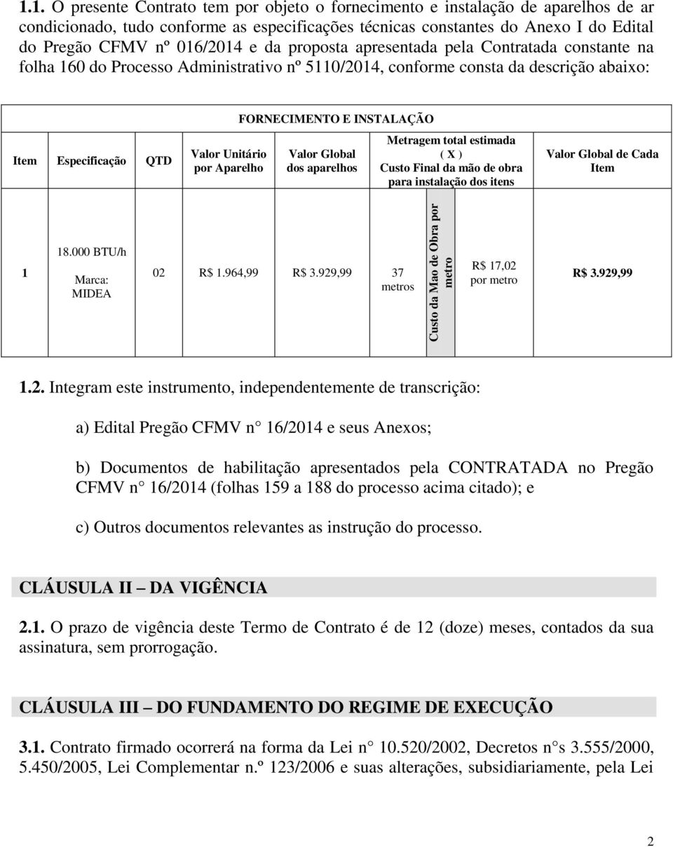 e da proposta apresentada pela Contratada constante na folha 160 do Processo Administrativo nº 5110/2014, conforme consta da descrição abaixo: Item Especificação QTD Valor Unitário por Aparelho