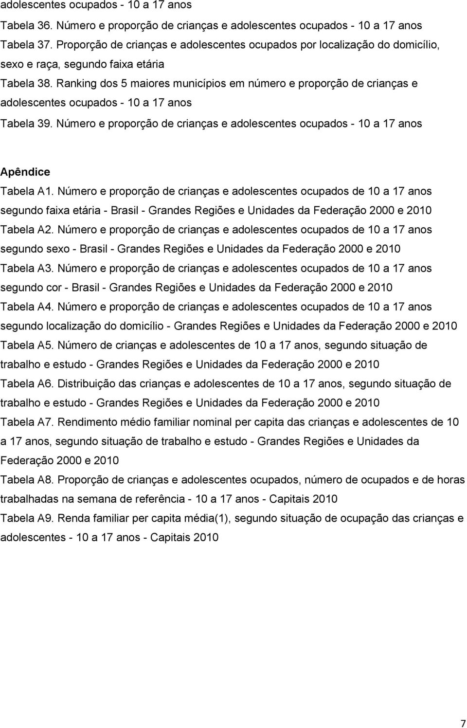 Ranking dos 5 maiores municípios em número e proporção de crianças e adolescentes ocupados - 10 a 17 anos Tabela 39.